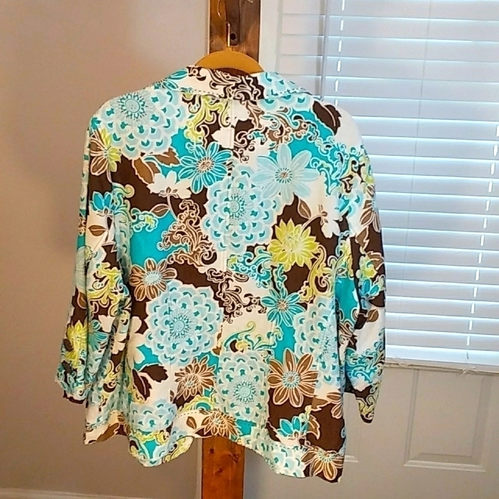 Kim Rogers 100% Linen Green White Open Jacket Blazer 3/4 Sleeves Lined Size 2X - Picture 10 of 10